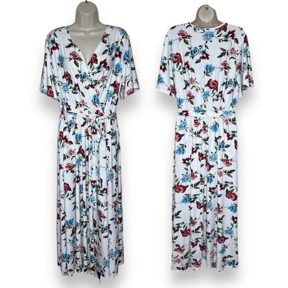 Frumos Surplice Wrap Maxi Dress Cream Floral Short Flutter Sleeve Women Size 1XL - Picture 1 of 15